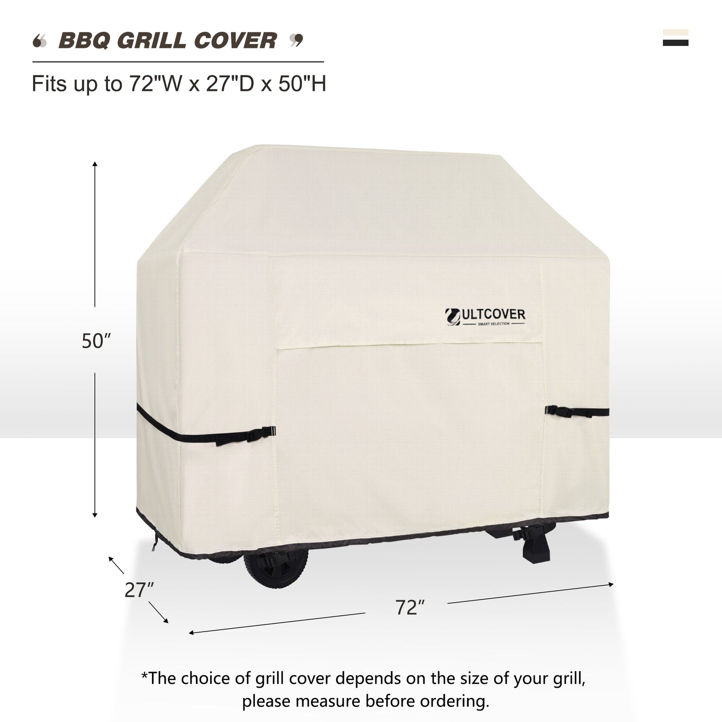 Beige BBQ grill cover with dimensions and Ultcover branding beige