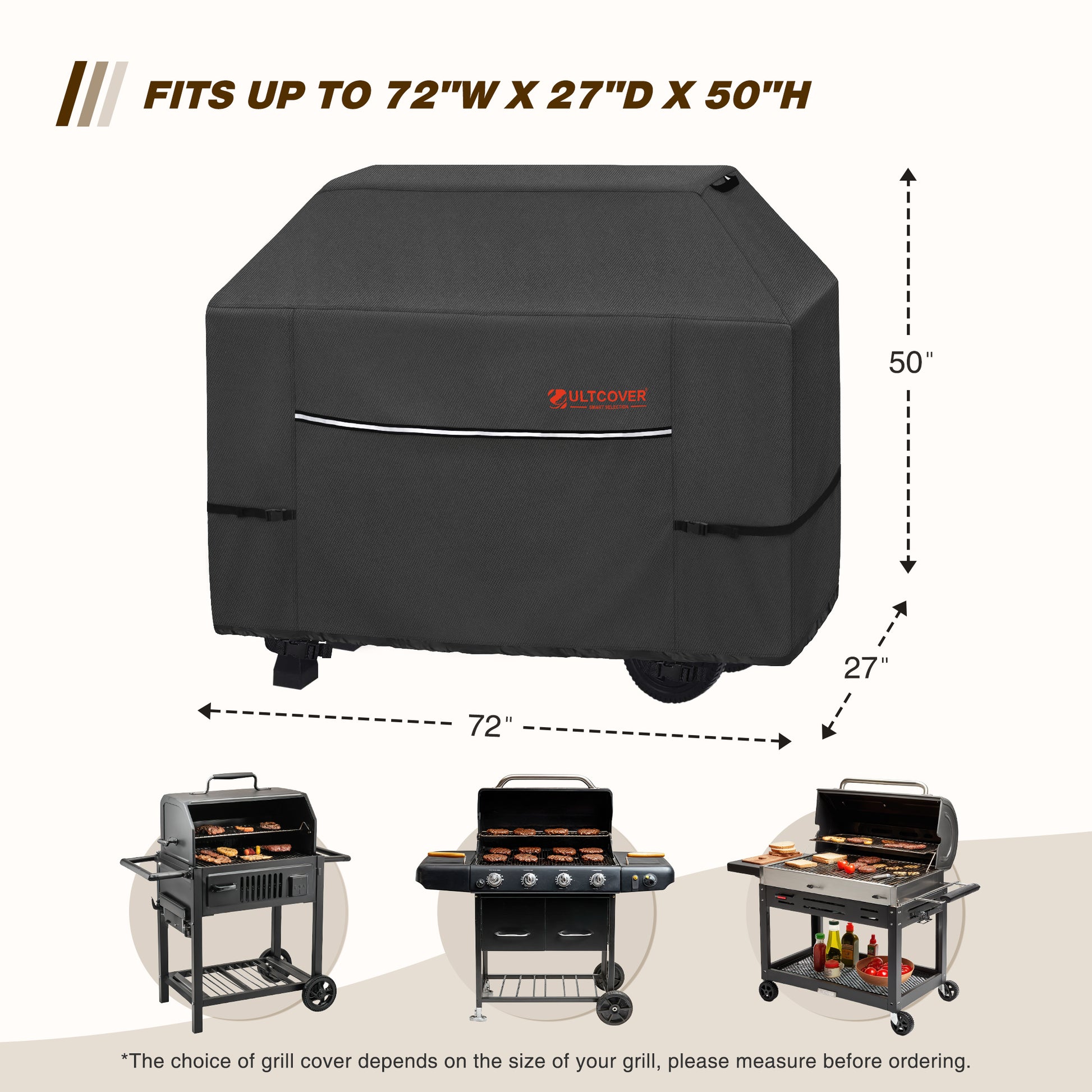 Black grill cover with dimensions and a sample grill setup black
