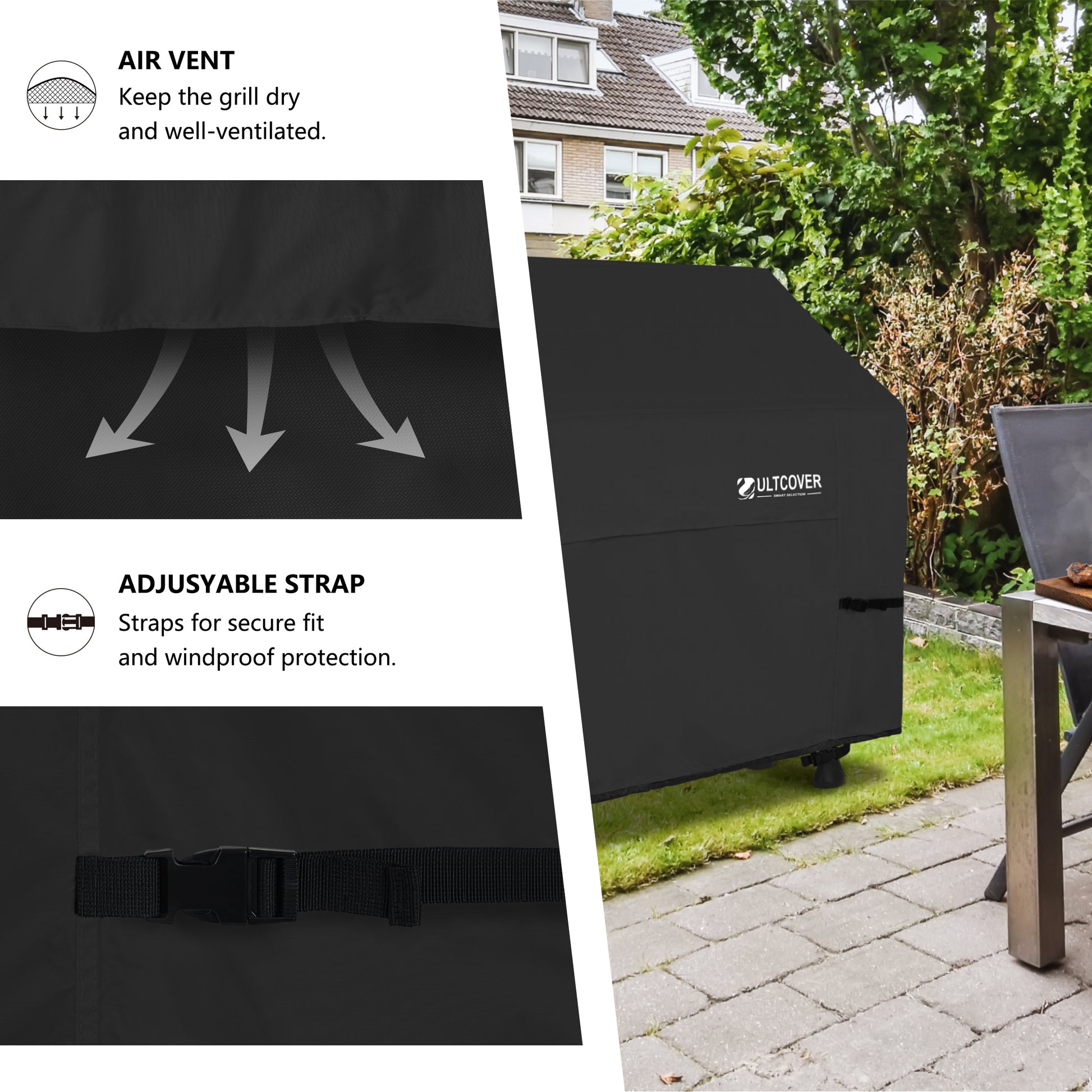 Black grill cover with adjustable strap and air vent features, placed outdoors. black