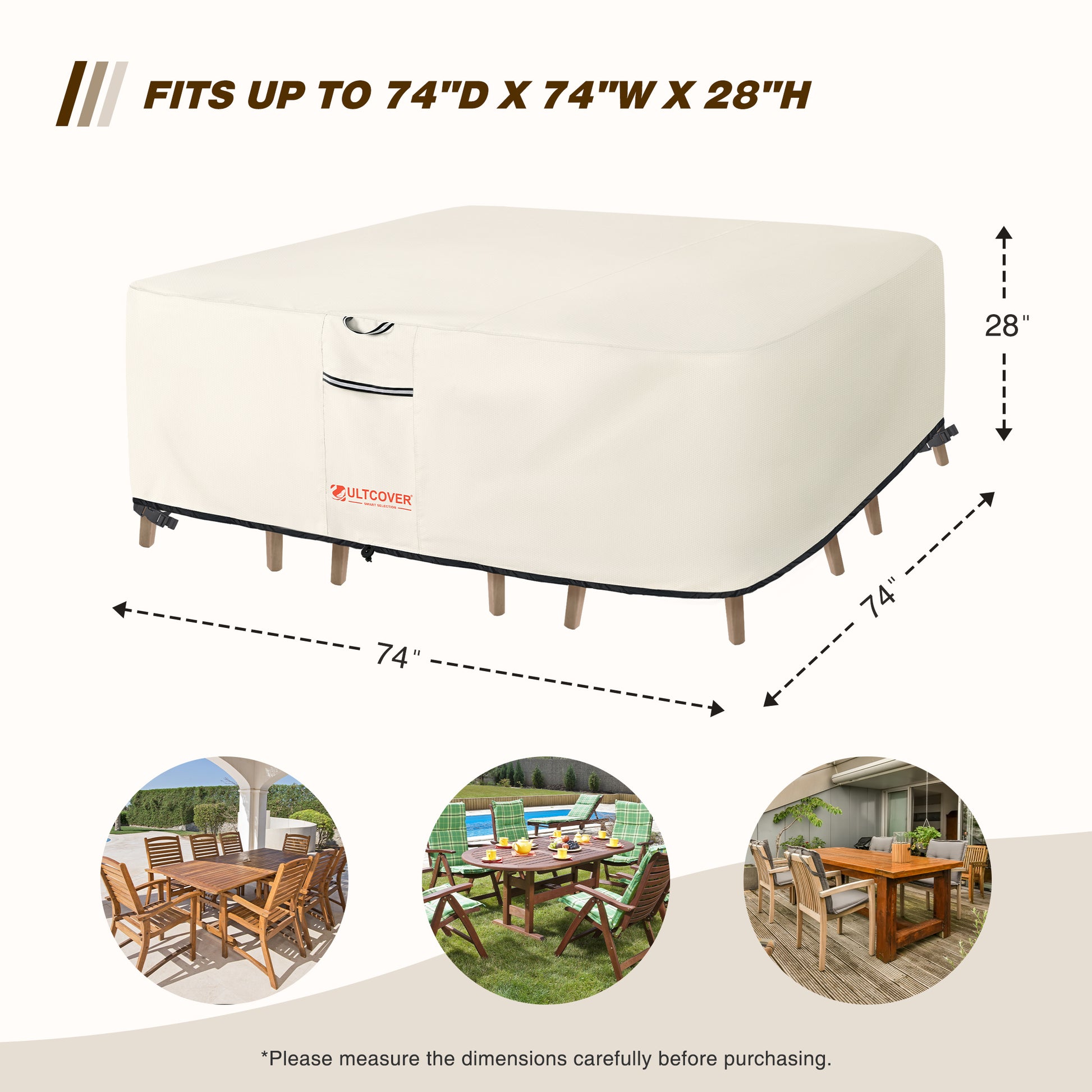 Outdoor furniture cover with dimensions and examples of use on a white background beg-size-tb1-600d