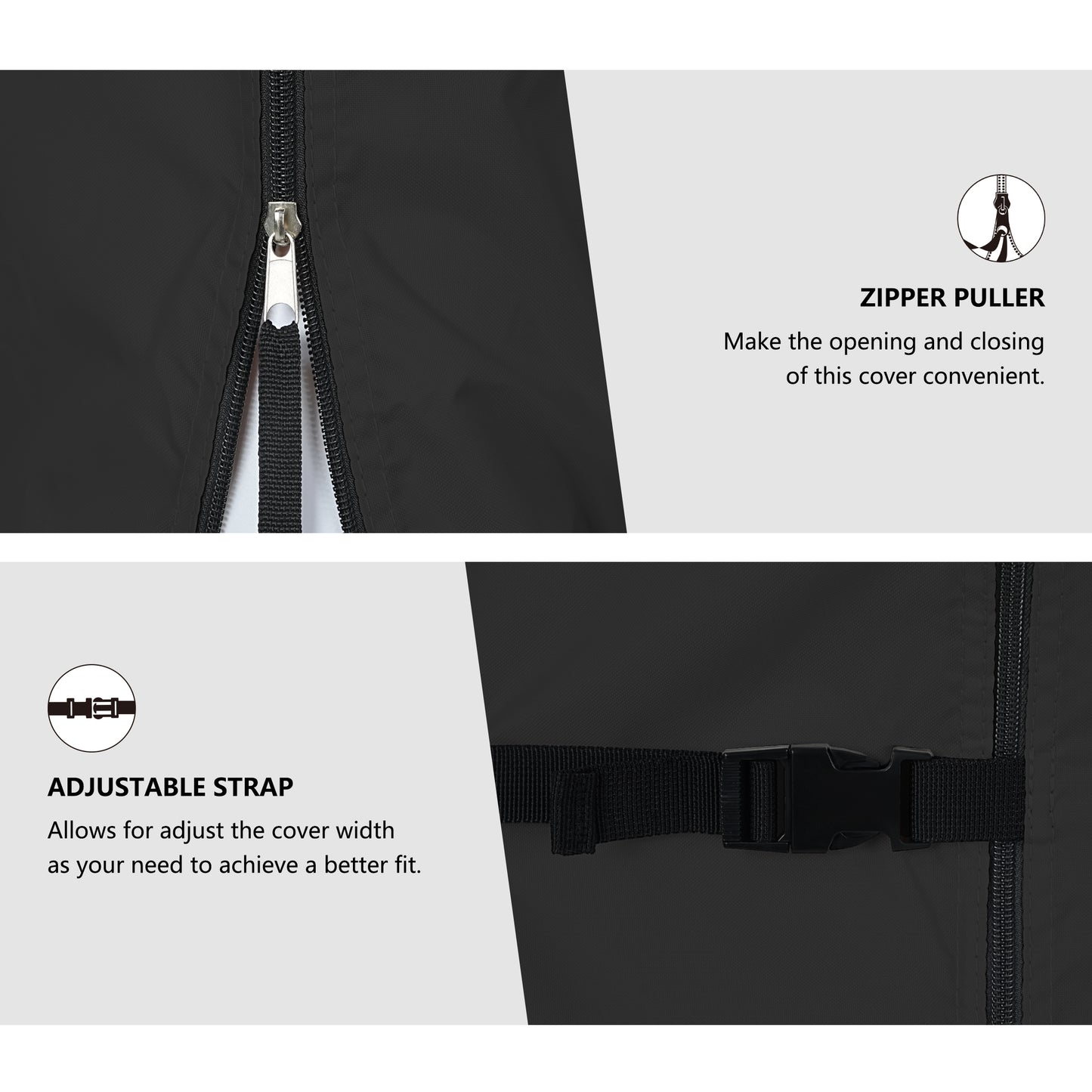Black cover with zipper puller and adjustable strap black