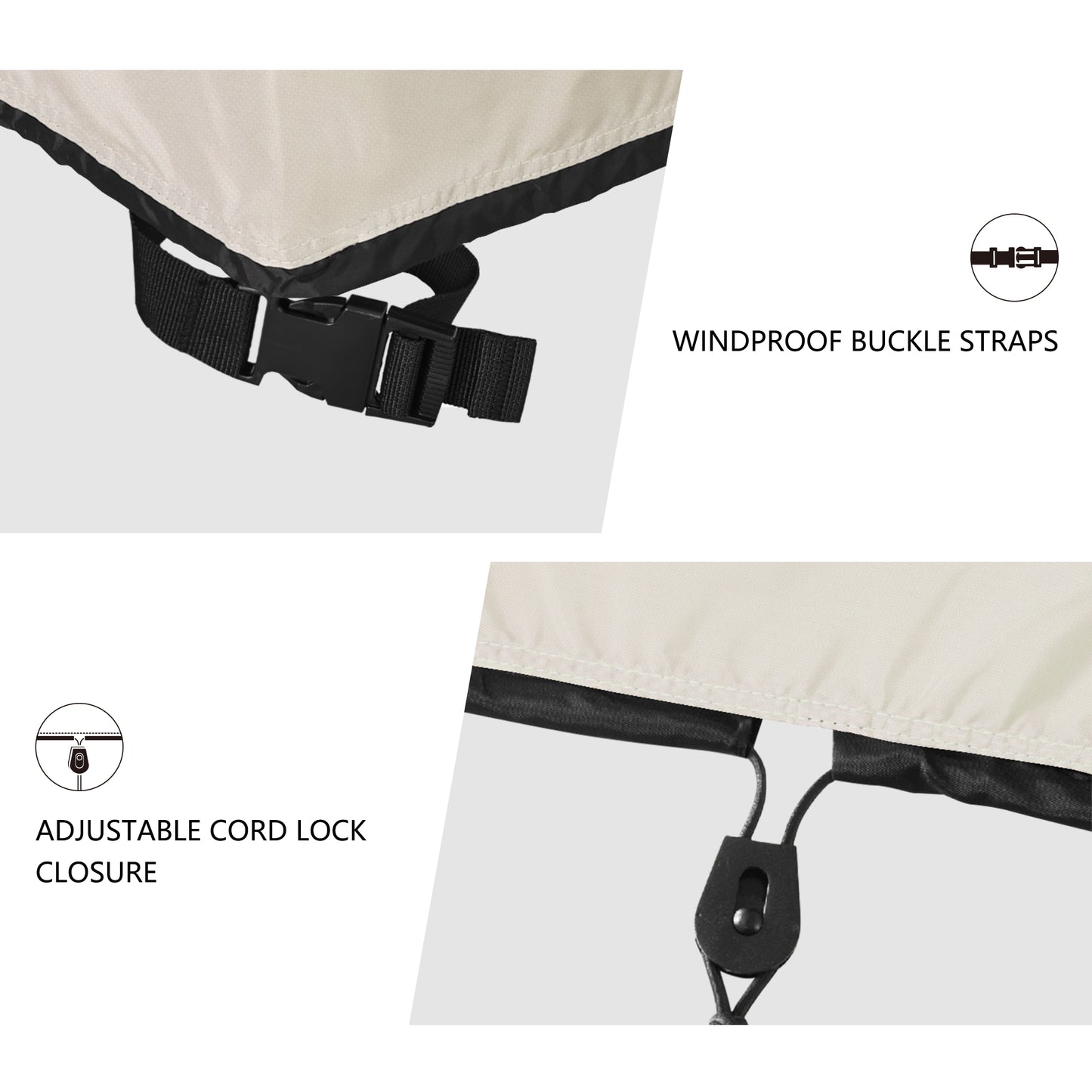 Windproof buckle straps and adjustable cord lock closure on a beige cover with accents. beige