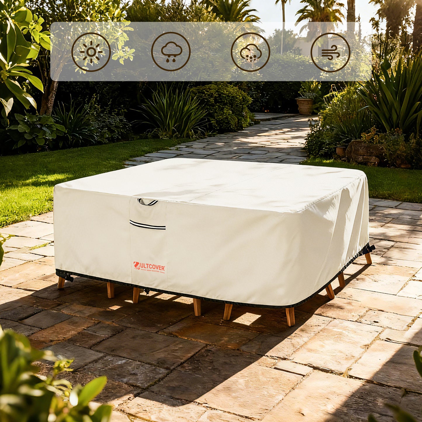 Outdoor furniture cover on a patio with garden elements in the background beg-base-tablecover-600d