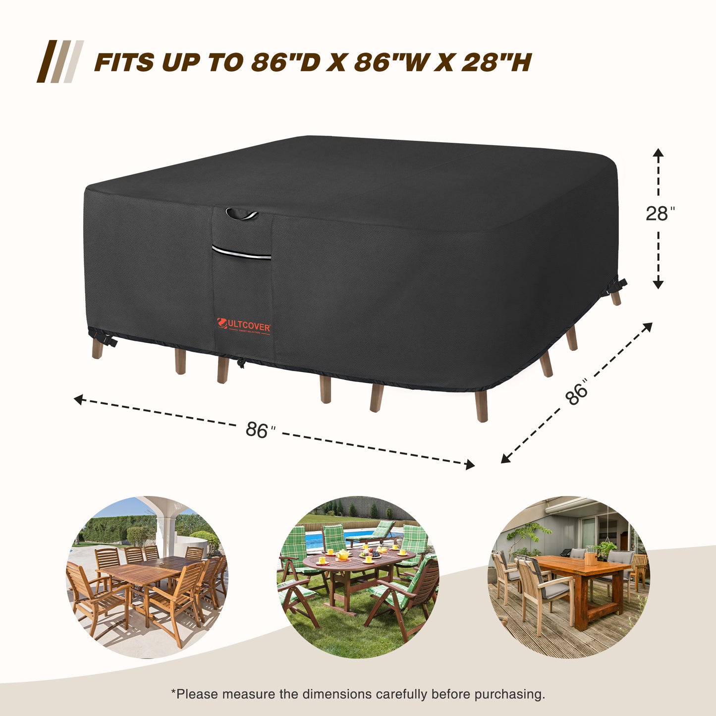 Black outdoor furniture cover with dimensions and examples of use on a white background blk-size-tb3-600d