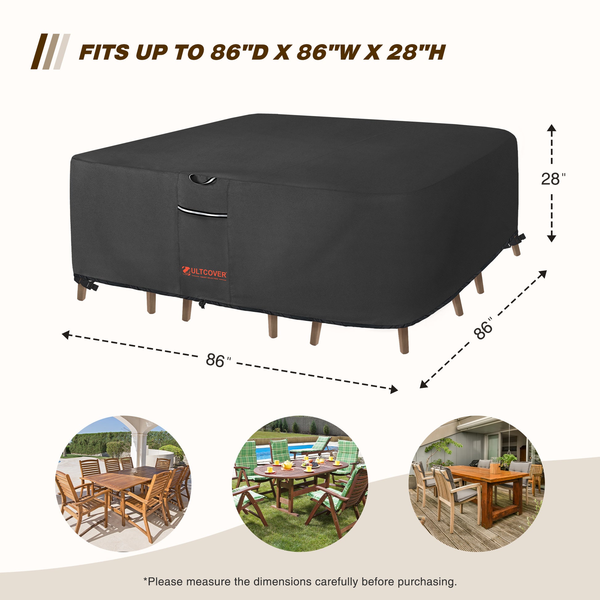 Black outdoor furniture cover with dimensions and examples of use on a white background blk-size-tb3-600d