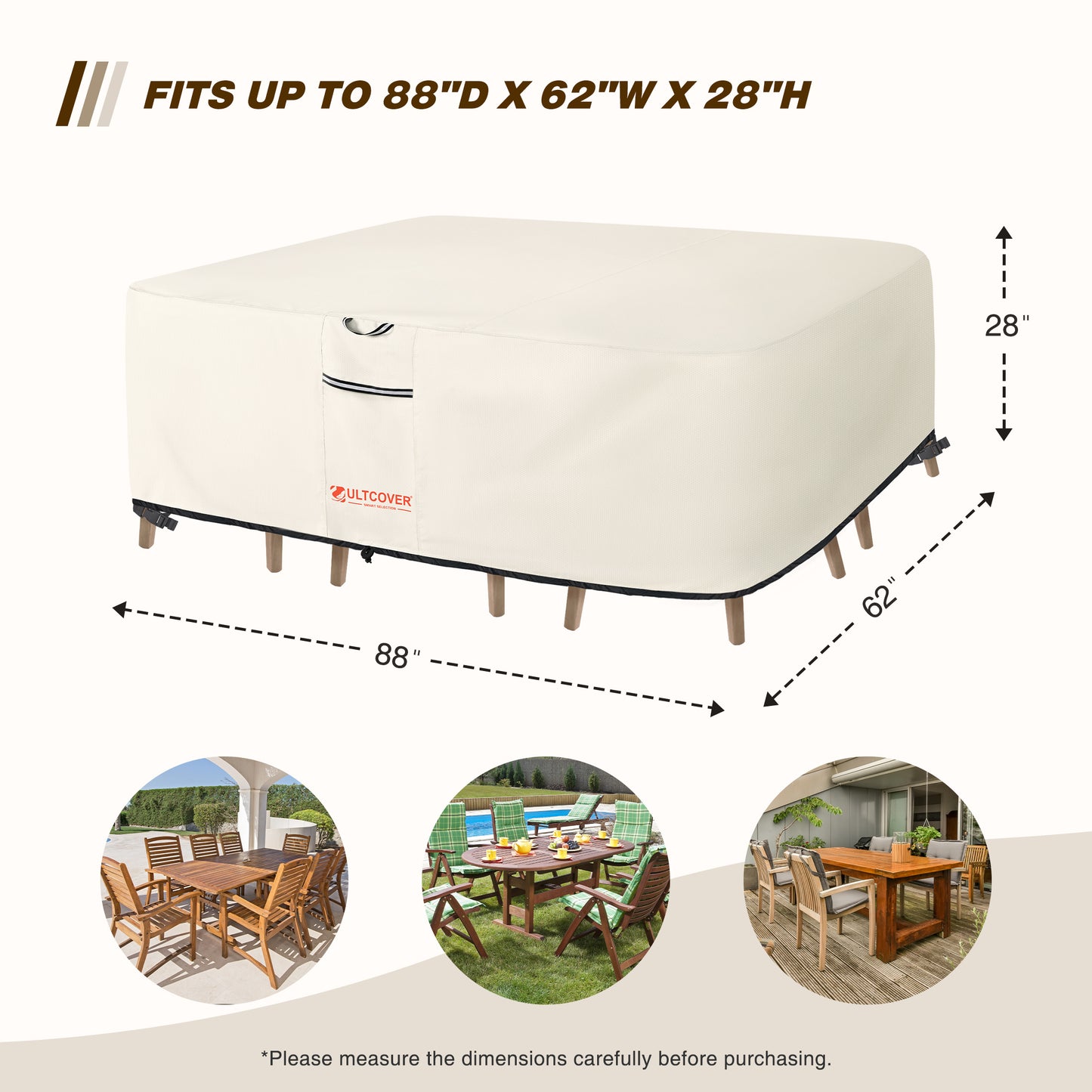 Beige patio furniture cover with dimensions and examples of use on a white background beg-size-tb2-600d