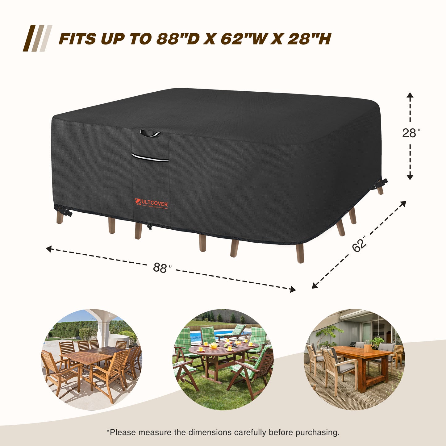 Black rectangular outdoor furniture cover with dimensions and examples of use on a white background blk-size-tb2-600d
