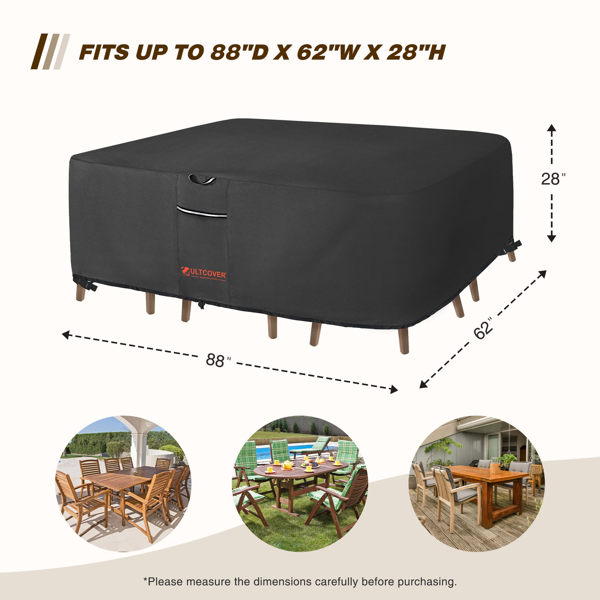 Black rectangular outdoor furniture cover with dimensions and examples of use on a white background blk-size-tb2-600d