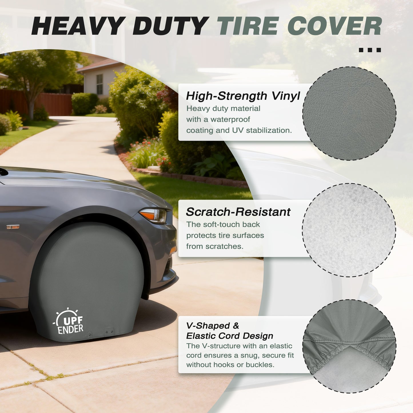 Heavy-duty tire cover with car tire on pavement, featuring UPF Ender branding. gray