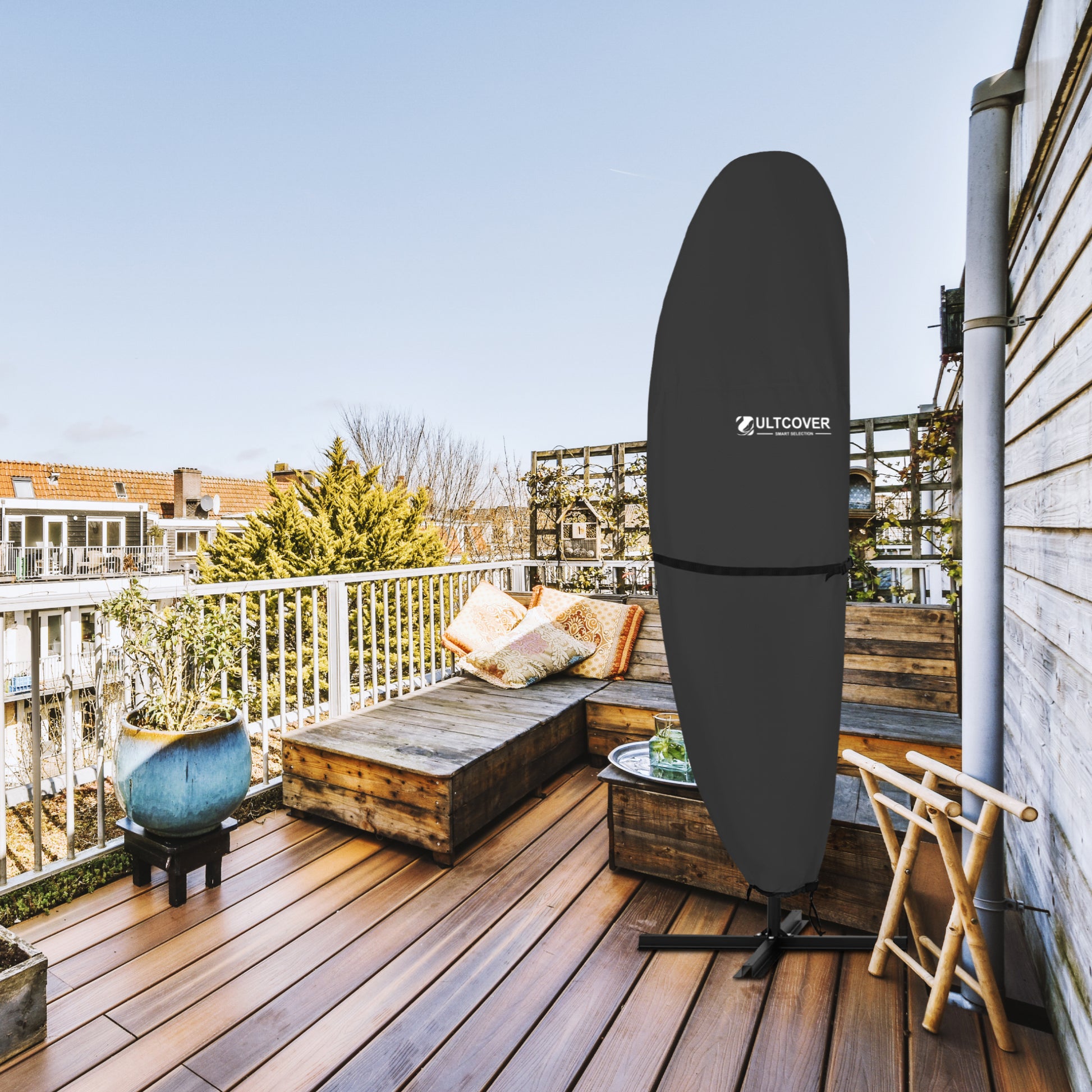 Outdoor deck with a Ziltcover product on a stand black