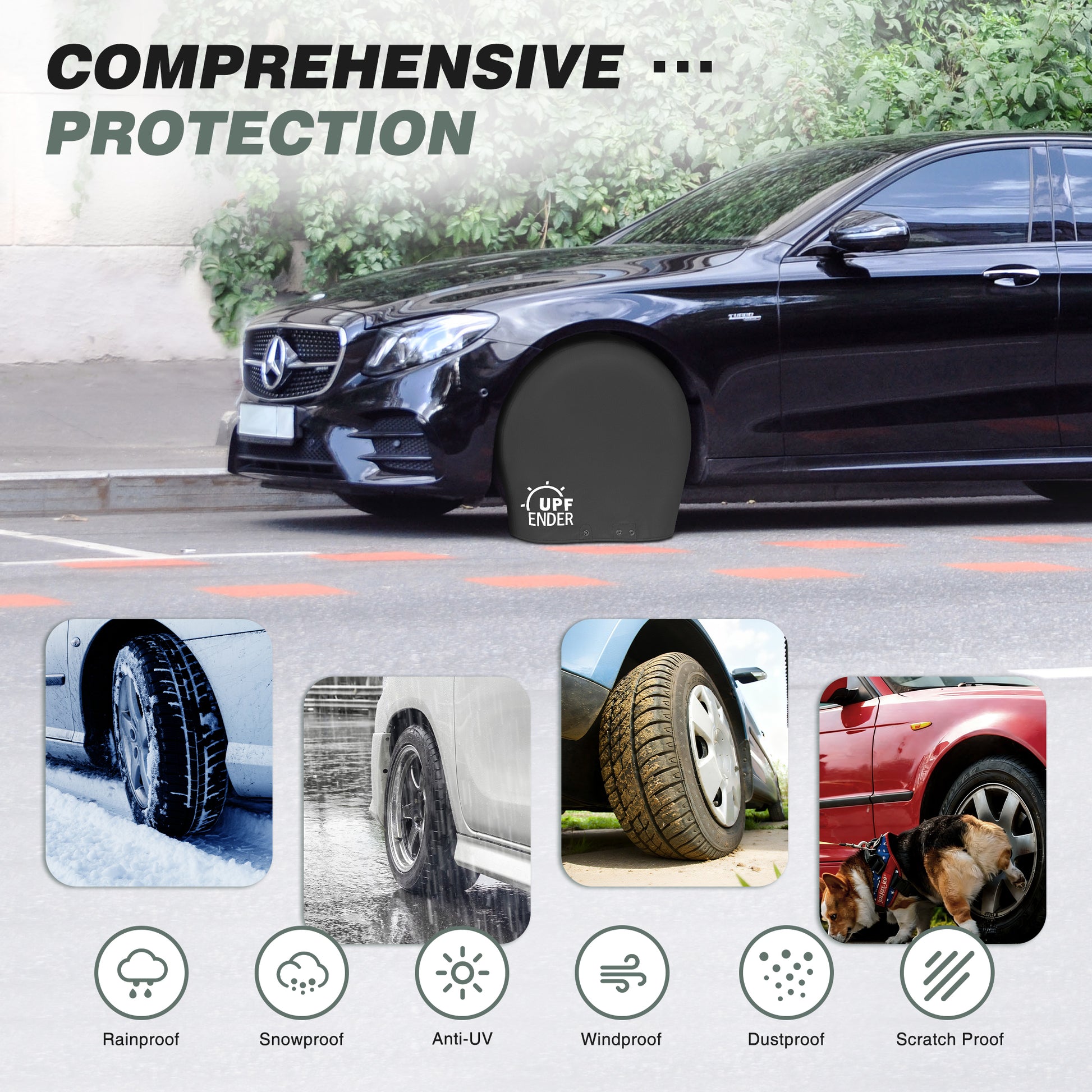 Car with UPEI ENERG on a road, showcasing comprehensive protection features. black, gray
