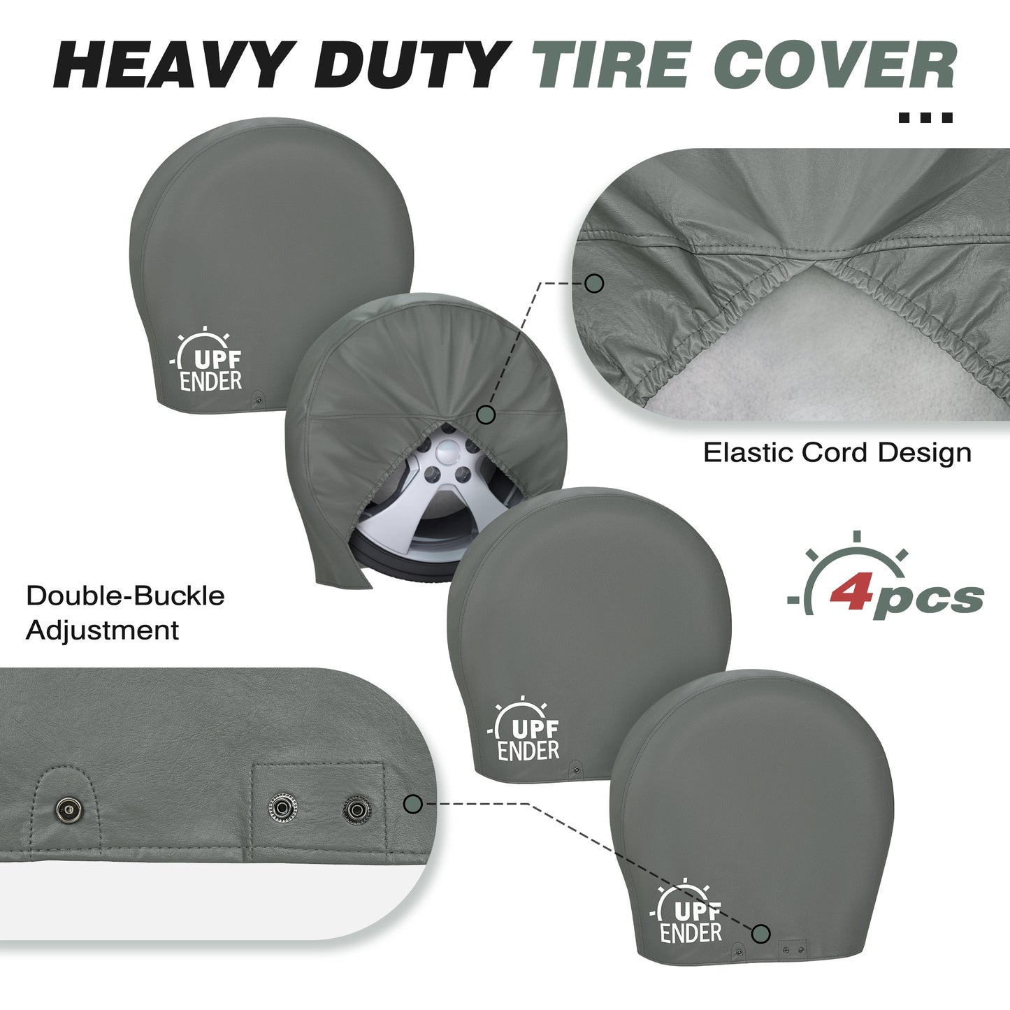 Heavy-duty tire cover with UPF Ender branding and features gray