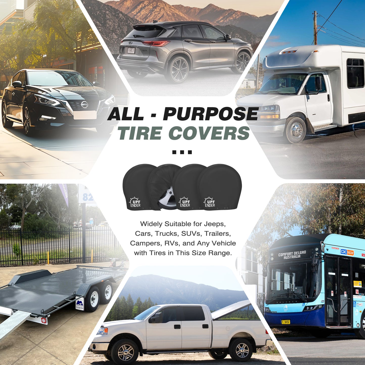 Collage of various vehicles with text about all-purpose tire covers. black, gray