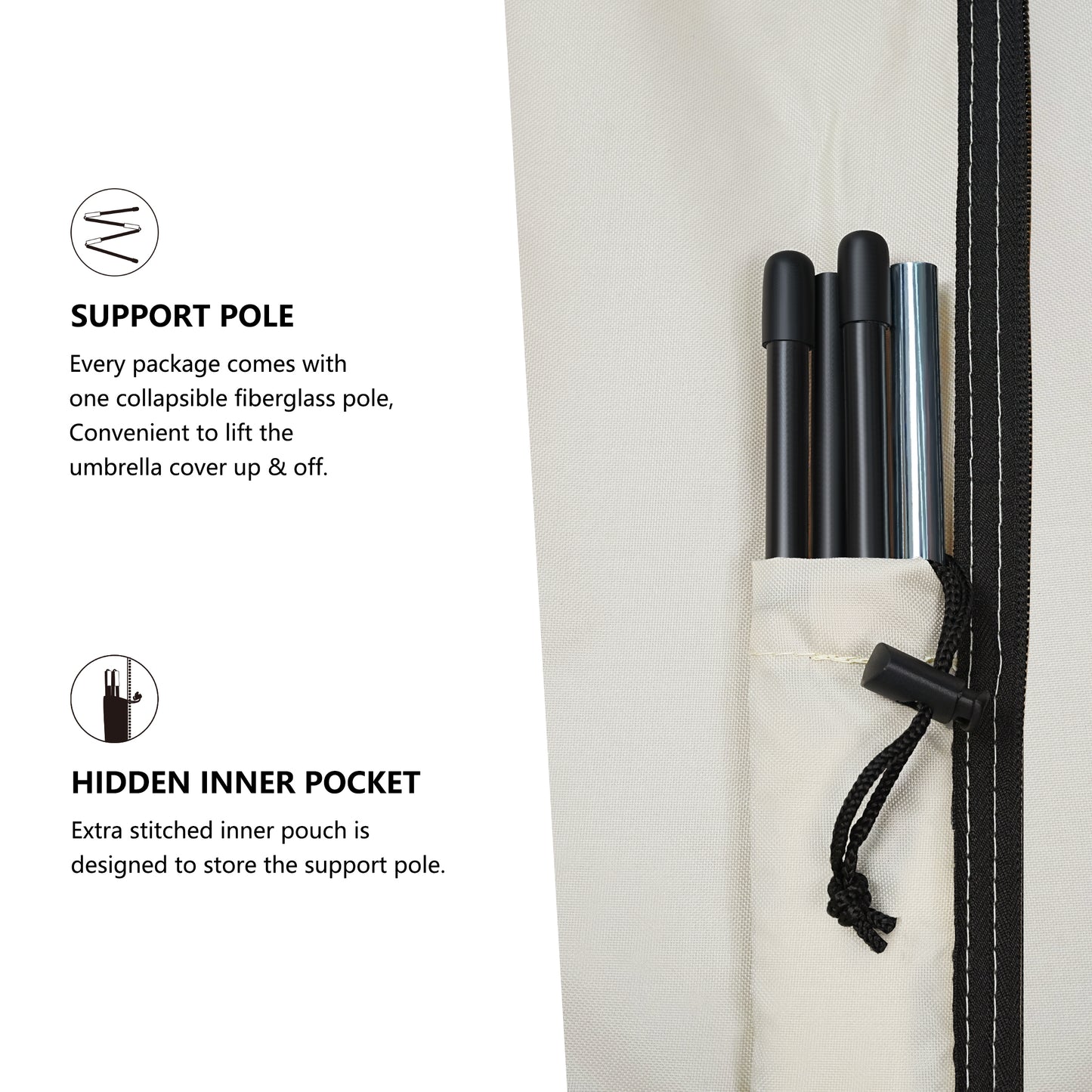 Umbrella with support pole and hidden inner pocket beige
