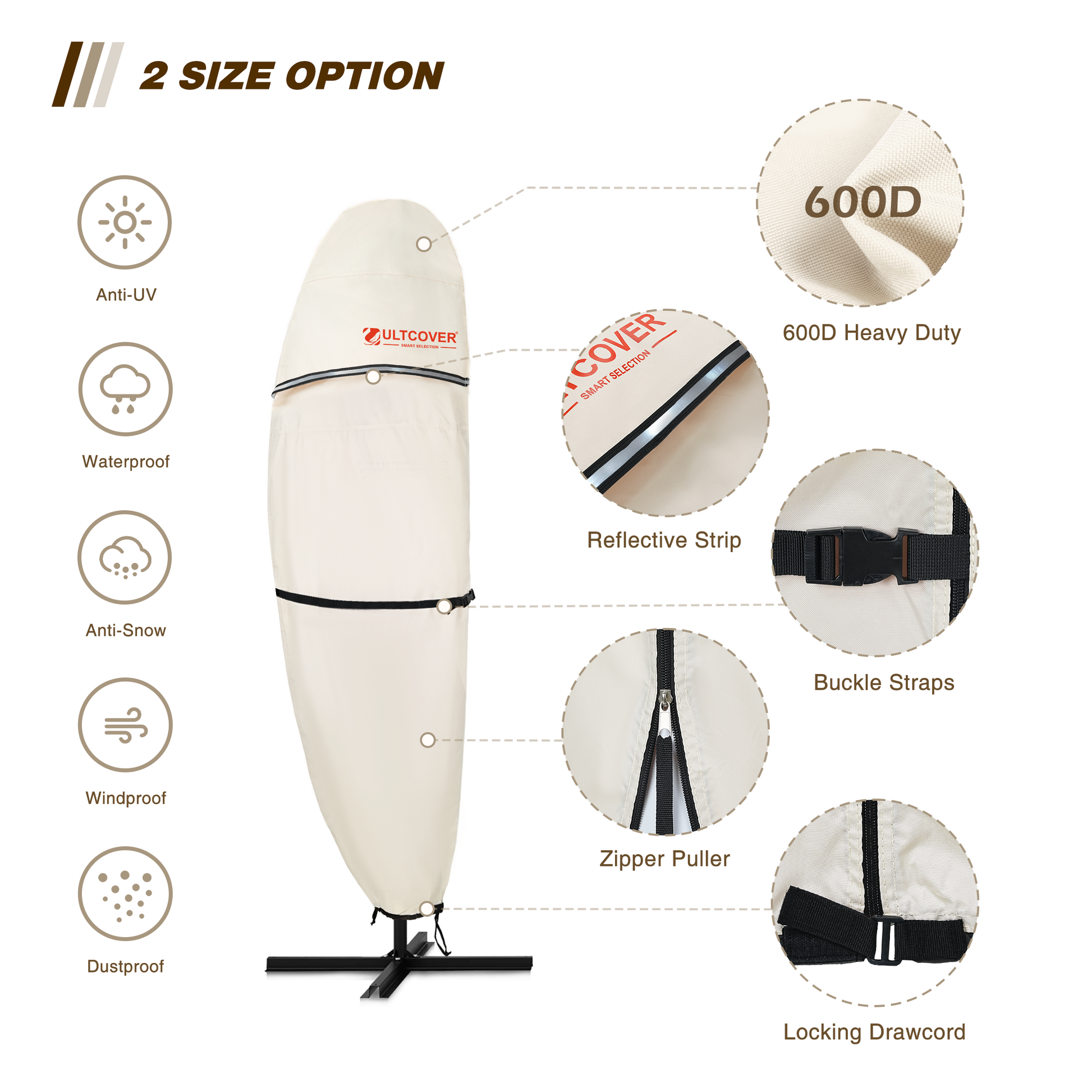 Beige surfboard cover with features highlighted beige