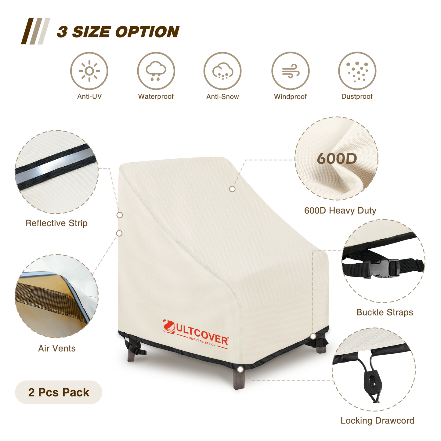 Beige outdoor furniture cover with features highlighted on a white background beige