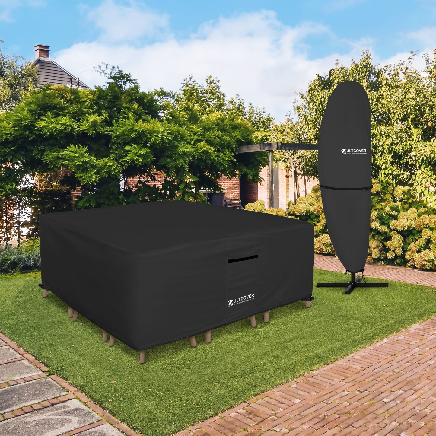 Black outdoor furniture cover on a patio with trees and a house in the background black