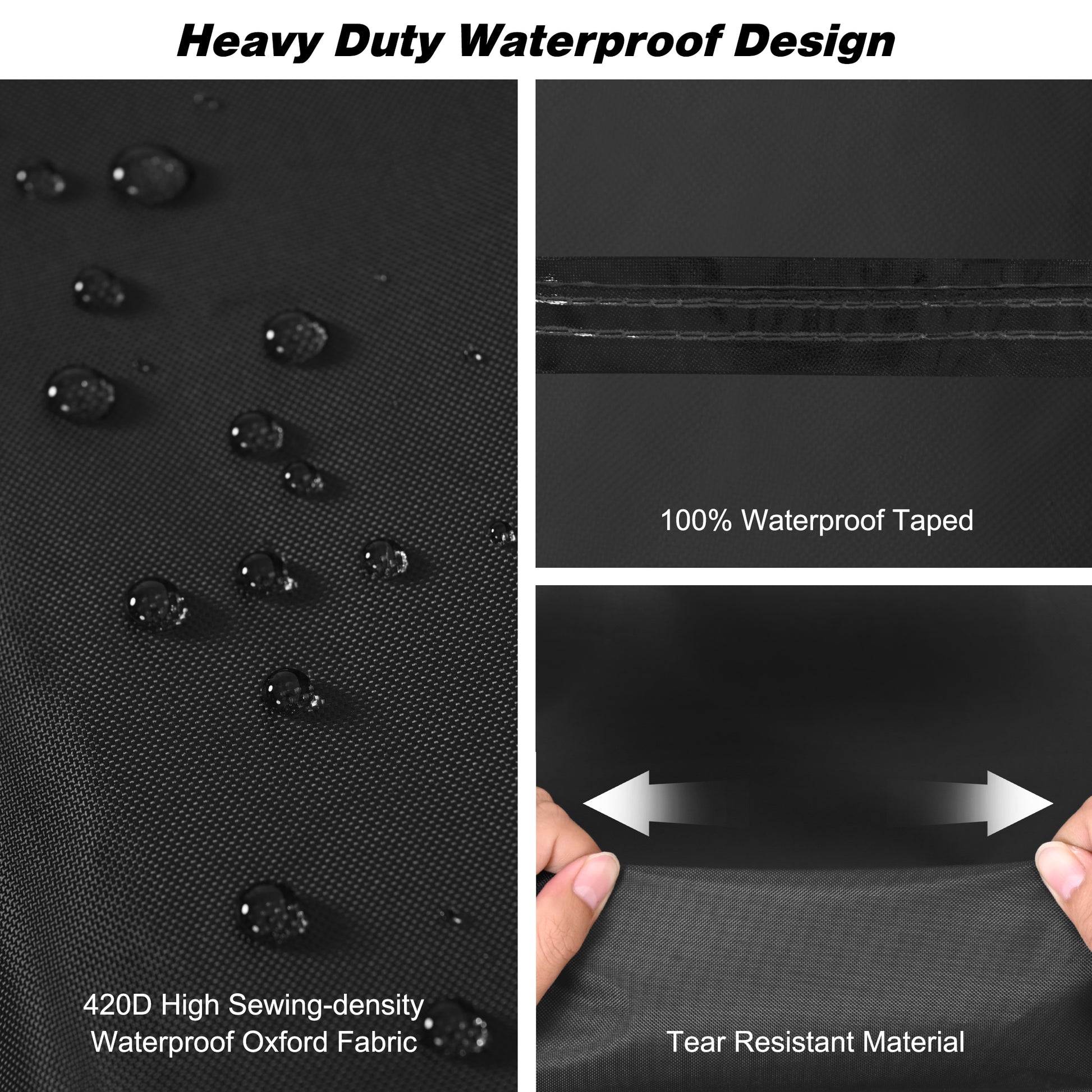 Heavy-duty waterproof design features with water droplets, 100% waterproof tape, high-sewing-density fabric, and tear-resistant material. black