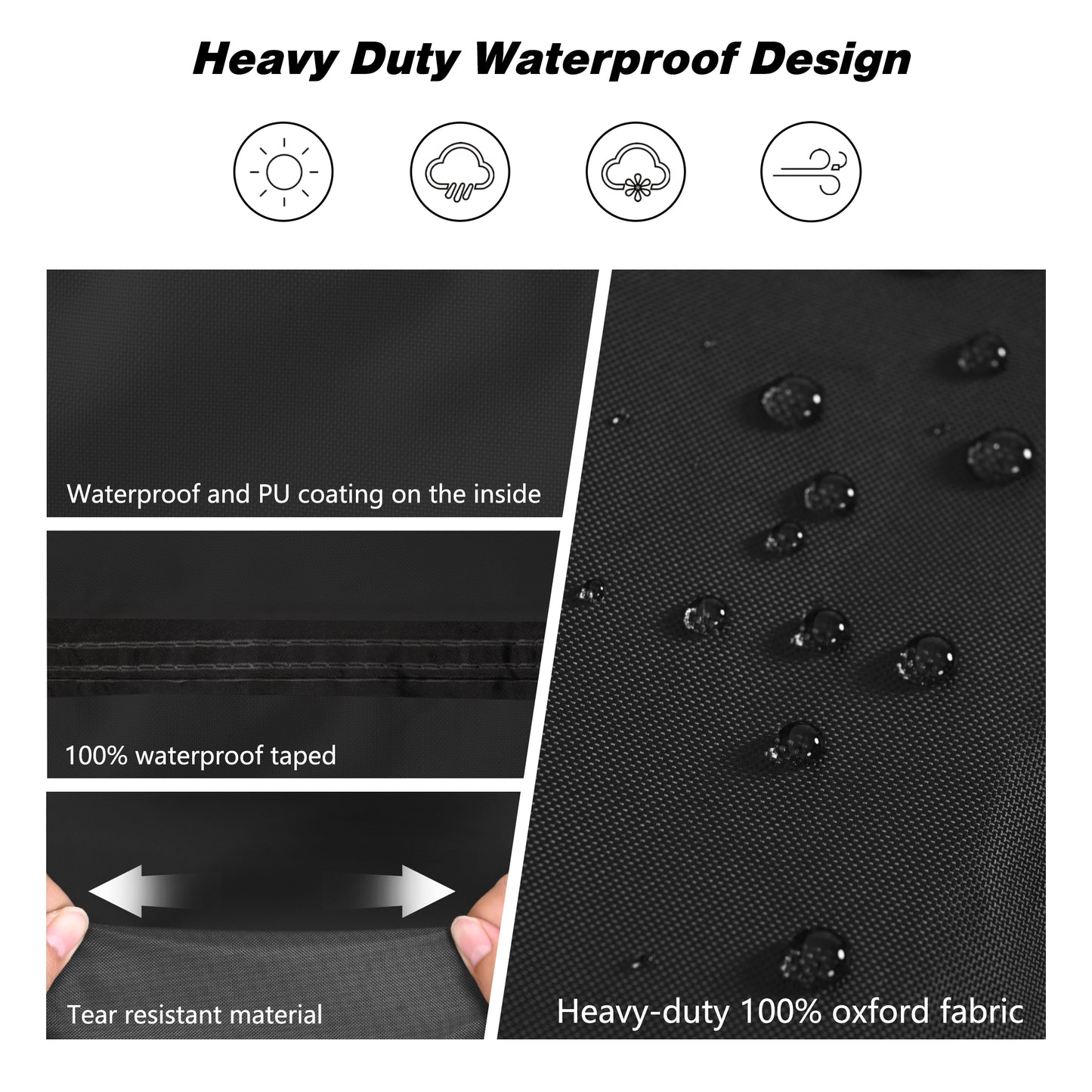 Heavy-duty waterproof design features with water droplets on a black fabric background. black
