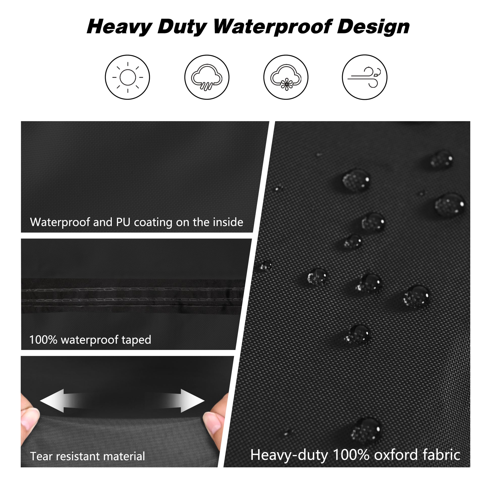 Heavy-duty waterproof design features with water droplets on a black fabric background. black