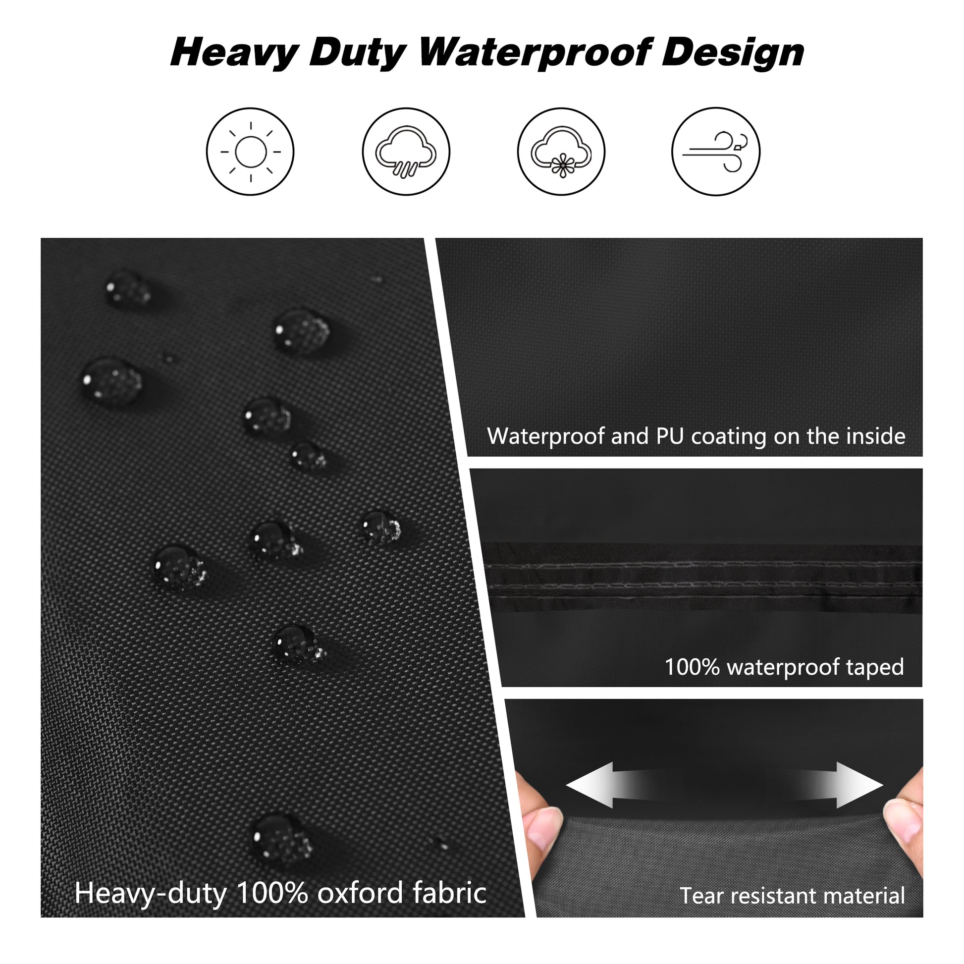 Heavy-duty waterproof design with water droplets on black fabric, text indicating waterproofing features. black