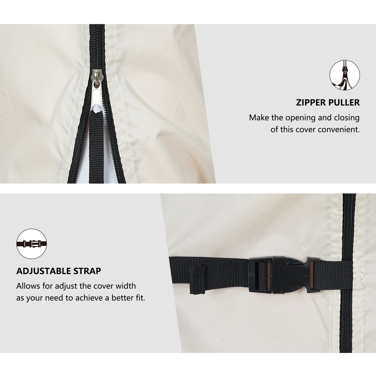 Close-up of a zipper puller and adjustable strap on a cover, with text explaining their functions. beige