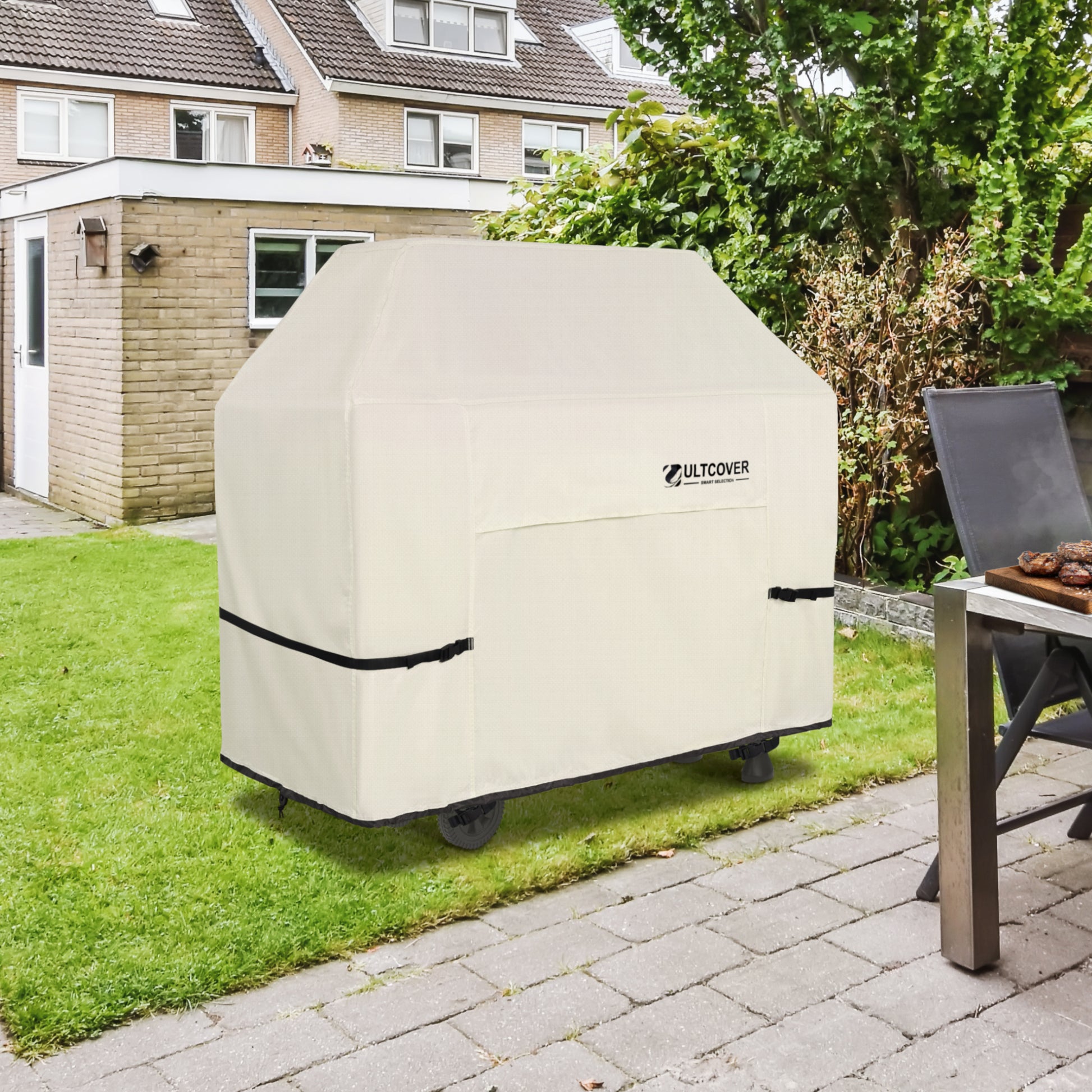 All weather gas grill cover for outdoor use beige