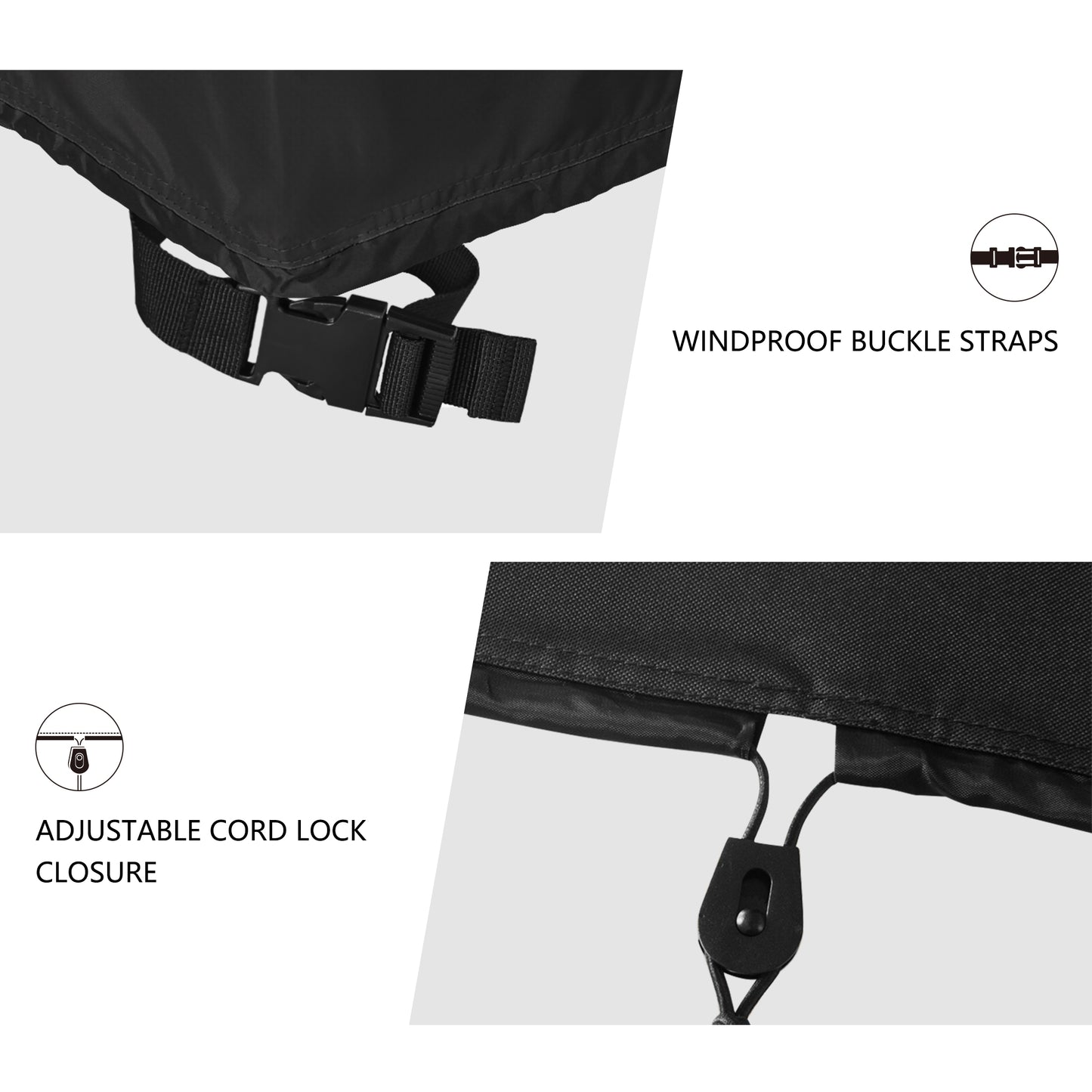 Close-up of windproof buckle straps and adjustable cord lock closure on a black jacket. black