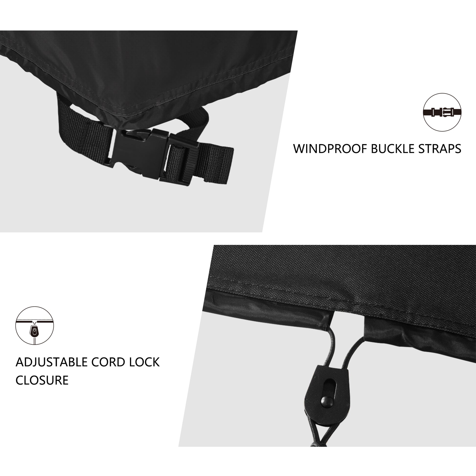 Close-up of windproof buckle straps and adjustable cord lock closure on a black jacket. black