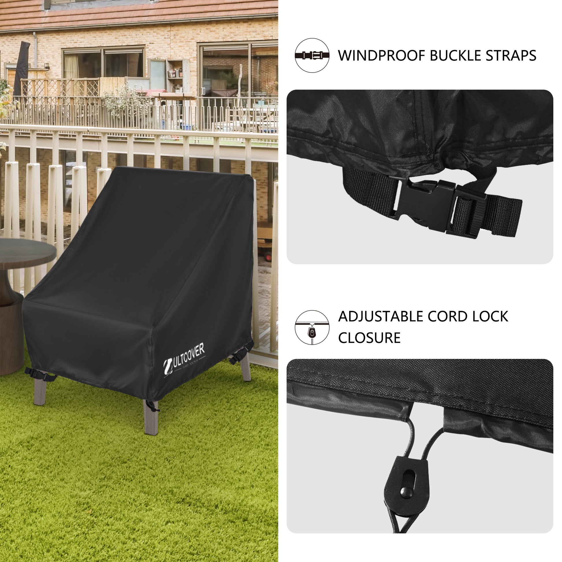Black outdoor furniture cover with windproof buckle straps and adjustable cord lock closure, shown on a grassy area. black