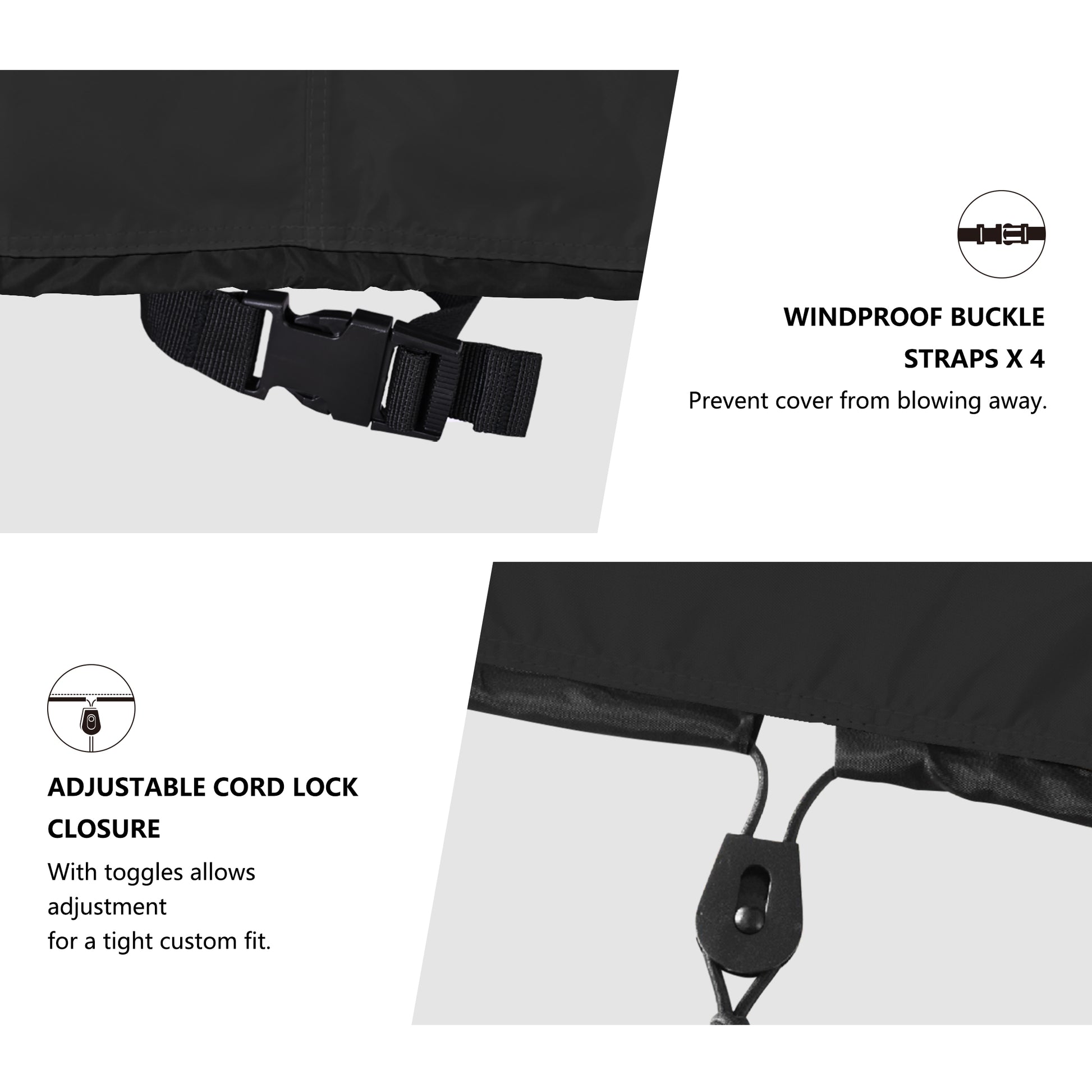Windproof cover with windproof buckle straps and adjustable cord lock closure black